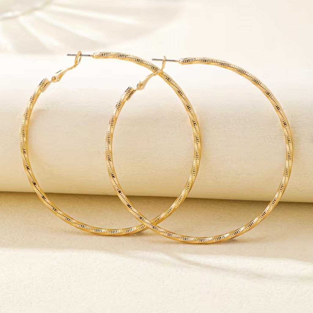 18k Gold Womens 2.75" Large Etched Hoop Earrings Ladies 18k Silver Hoops Jewelry